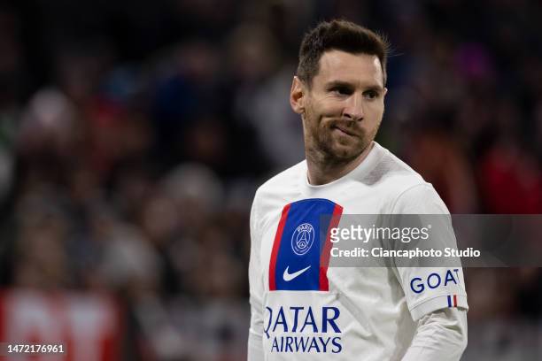 Lionel Messi of Paris Saint-Germain looks dejected during the UEFA Champions League round of 16 leg two match between FC Bayern München and Paris...