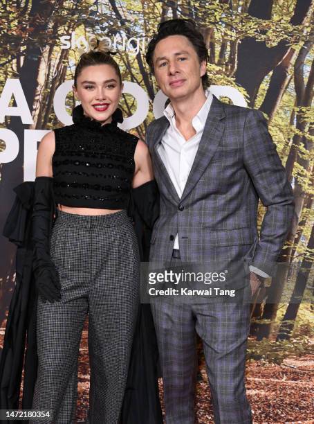 Florence Pugh and Zach Braff attend the "A Good Person" UK Premiere at The Ham Yard Hotel on March 08, 2023 in London, England.