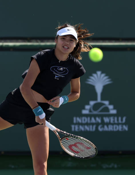 Emma Raducanu of Great Britain in a practice session during the BNP Paribas Open on March 08, 2023 in Indian Wells, California.