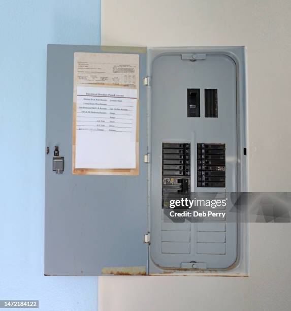 old circuit breaker panel (breaker box or distribution board) - electrical panel box stock-fotos und bilder