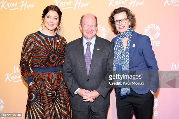 Bellamy Young, Senator Chris Coons, and Michelle Nunn attend the CARE International Women's Day Dinner on March 08, 2023 in Washington, DC.