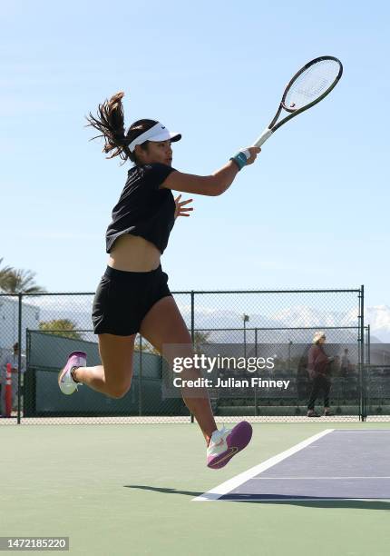 Emma Raducanu of Great Britain in a practice session during the BNP Paribas Open on March 08, 2023 in Indian Wells, California.