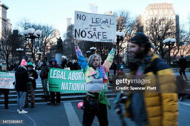 Small group of people attend a rally for abortion rights in Union Square in Manhattan on March 08, 2023 in New York City. The rallies in various...