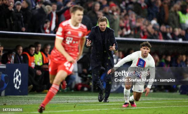 Coach Julian Nagelsmann of Bayern Muenchen reacts from the sidleline during the UEFA Champions League Round of 16 Second Leg match between FC Bayern...