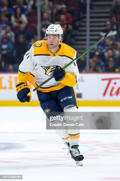 Mark Jankowski of the Nashville Predators skates up ice during the second period of their NHL game against the Vancouver Canucks at Rogers Arena on...