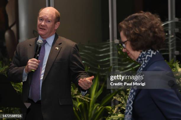 Senator Chris Coons and Michelle Nunn speak at the CARE International Women's Day Dinner on March 08, 2023 in Washington, DC.