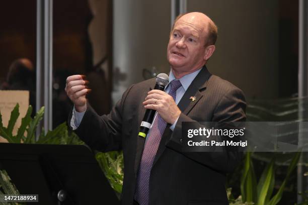 Senator Chris Coons speaks at the CARE International Women's Day Dinner on March 08, 2023 in Washington, DC.