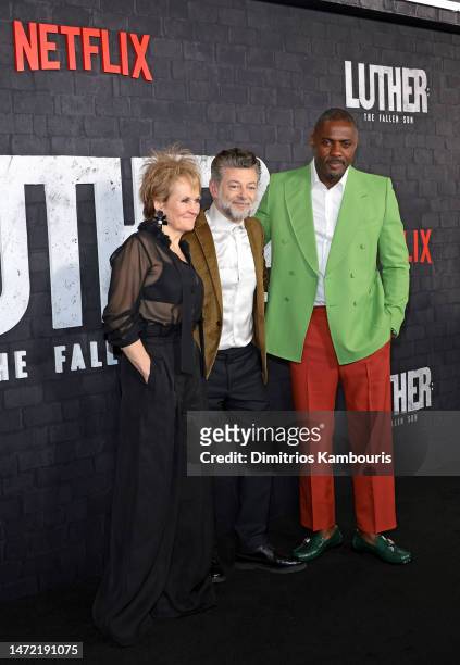 Lorraine Ashbourne, Andy Serkis and Idris Elba attend Netflix's "Luther: The Fallen Sun" New York Premiere at Paris Theater on March 08, 2023 in New...