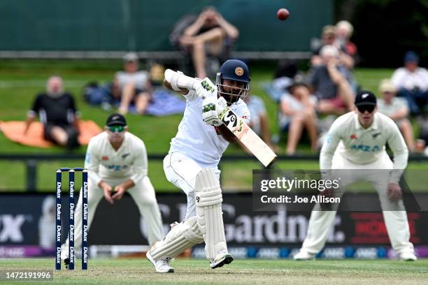 Dimuth Karunaratne of Sri Lanka bats during day one of the First Test match in the series between New Zealand and Sri Lanka at Hagley Oval on March...