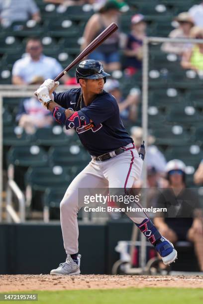 Vaughn Grissom of the Atlanta Braves bats during a spring training game against the Minnesota Twins on February 28, 2023 at the Hammond Stadium in...