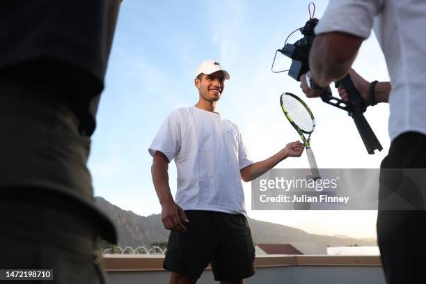 Carlos Alcaraz of Spain attend media interviews during the BNP Paribas Open on March 08, 2023 in Indian Wells, California.