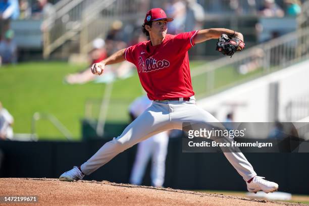 Andrew Painter of the Philadelphia Phillies pitches during a spring training game against the Minnesota Twins on March 1, 2023 at the Hammond Stadium...