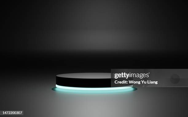 black colored podium with blue lights ,3d render - pódio imagens e fotografias de stock