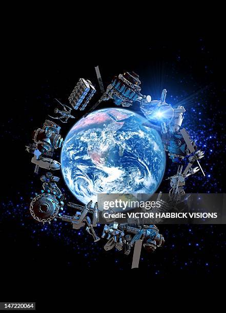 stockillustraties, clipart, cartoons en iconen met space junk, conceptual artwork - grote groep dingen