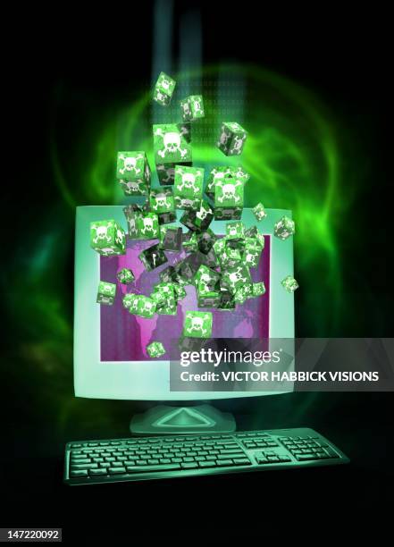digital piracy, conceptual artwork - computer screen close up stock illustrations
