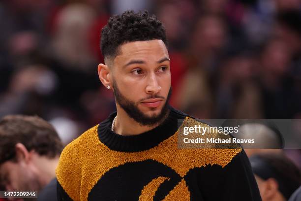 Ben Simmons of the Brooklyn Nets looks on during the first half at United Center on February 24, 2023 in Chicago, Illinois. NOTE TO USER: User...