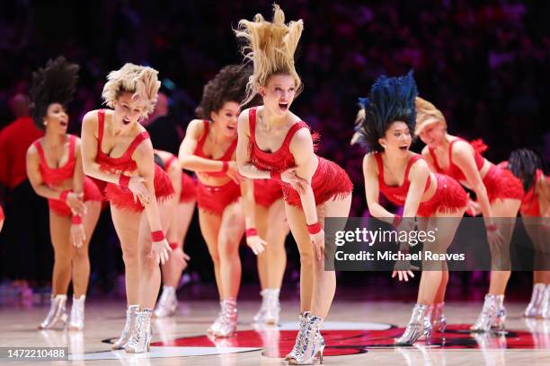 The Chicago Luvabulls perform during the second half between the Chicago Bulls and the Brooklyn Nets at United Center on February 24, 2023 in...