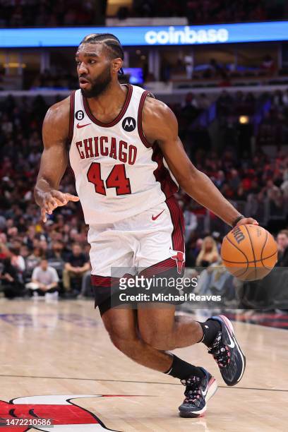 Patrick Williams of the Chicago Bulls dribbles against the Brooklyn Nets during the second half at United Center on February 24, 2023 in Chicago,...