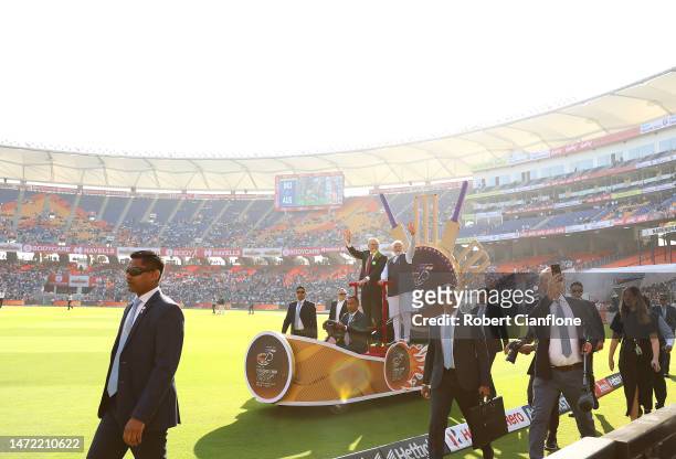 Australian Prime Minister Anthony Albanese and Indian Prime Minister Narendra Modi are seen on a lap of honour during day one of the Fourth Test...