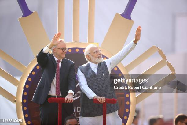 Australian Prime Minister Anthony Albanese and Indian Prime Minister Narendra Modi are seen on a lap of honour during day one of the Fourth Test...