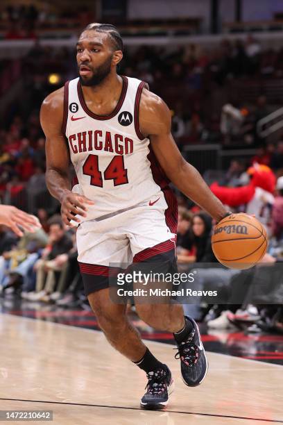 Patrick Williams of the Chicago Bulls dribbles against the Brooklyn Nets during the second half at United Center on February 24, 2023 in Chicago,...