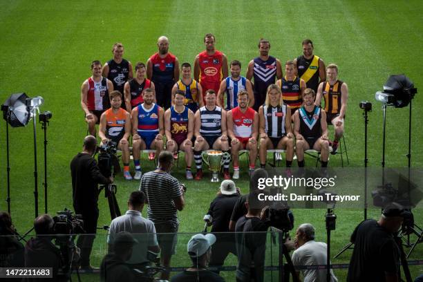 Photographers photograph the captains during 2023 AFL Captain's Day at Marvel Stadium on March 09, 2023 in Melbourne, Australia.