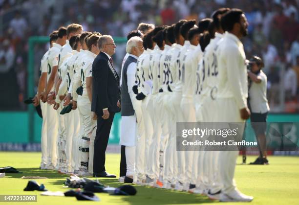 Australian Prime Minister Anthony Albanese lines up with the Australian team during day one of the Fourth Test match in the series between India and...