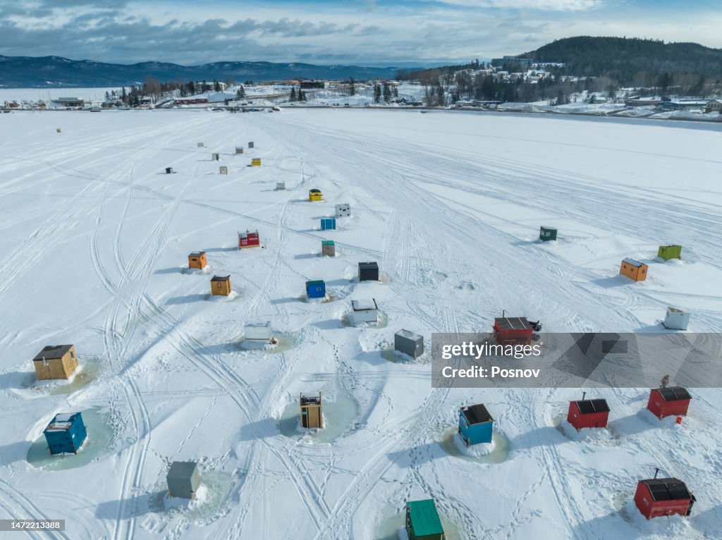 Winter Ice Fishing shacks in the city of Gaspe