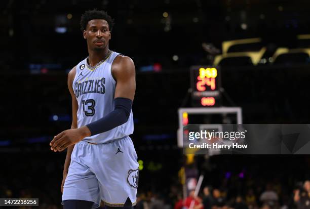 Jaren Jackson Jr. #13 of the Memphis Grizzlies reacts in the final minutes during a 112-103 Los Angeles Lakers win at Crypto.com Arena on March 07,...