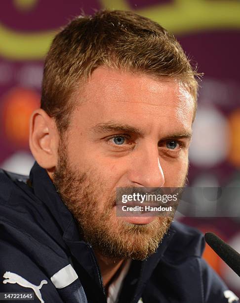 In this handout image provided by UEFA, Daniele De Rossi of Italy speaks during a press conference ahead of their UEFA EURO 2012 semi-final match...