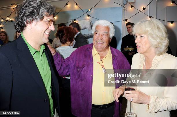 Giorgio Locatelli, Antonio Carluccio and Camilla, Duchess of Cornwall, attend as Tom Parker Bowles launches his new cookbook 'Let's Eat: Recipes From...