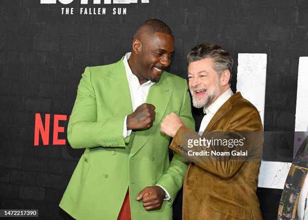 Idris Elba and Andy Serkis attend the Luther: The Fallen Sun US Premiere at The Paris Theatre on March 08, 2023 in New York City.