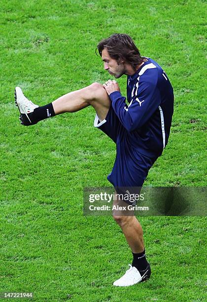 Andrea Pirlo of Italy takes part in a training session ahead of their UEFA EURO 2012 semi-final match against Germany, at National Stadium on June...
