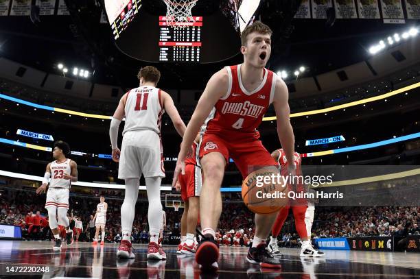 Sean McNeil of the Ohio State Buckeyes reacts in the first half against the Wisconsin Badgers during the first round of the Big Ten tournament at...