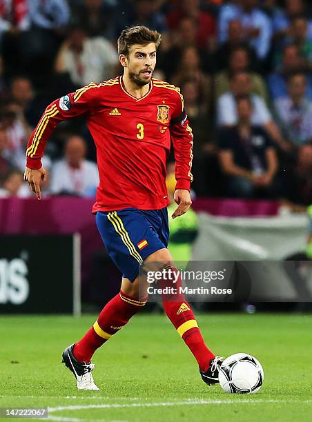 Gerard Pique of Spain in action during the UEFA EURO 2012 semi final match between Portugal and Spain at Donbass Arena on June 27, 2012 in Donetsk,...