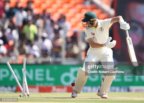 Marnus Labuschagne of Australia is bowled by Mohammed Shami of India during day one of the Fourth Test match in the series between India and...