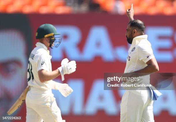 Mohammed Shami of India celebrates taking the wicket of Marnus Labuschagne of Australia during day one of the Fourth Test match in the series between...