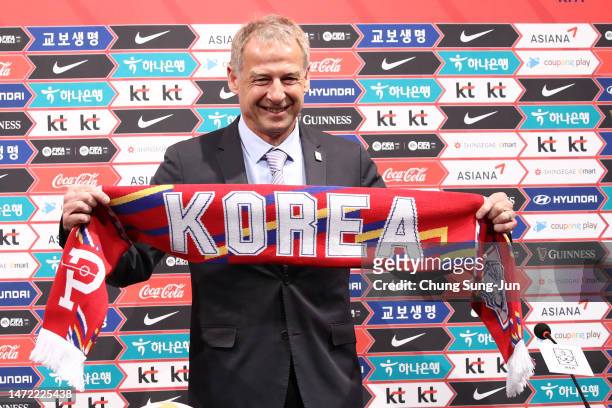 New head coach of South Korea's national football team Jurgen Klinsmann talks to the media during a press conference at National Football Center on...