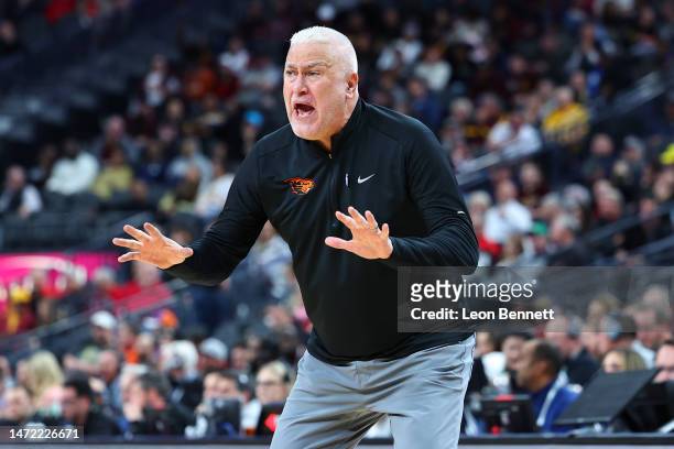 Head coach Wayne Tinkle of the Oregon State Beavers directing his team against the Arizona State Sun Devils in the first half of a first-round game...