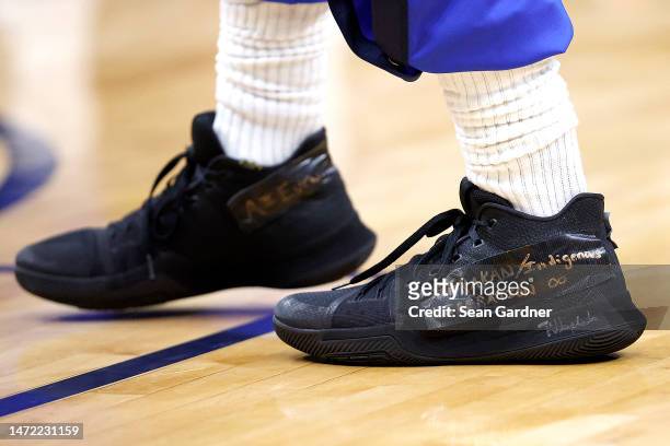 General view of shoes worn by Kyrie Irving of the Dallas Mavericks prior to the start of an NBA game at Smoothie King Center on March 08, 2023 in New...