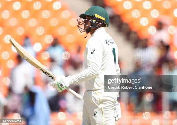 Usman Khawaja of Australia celebrates after scoring his half century during day one of the Fourth Test match in the series between India and...