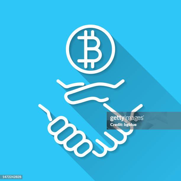 bitcoin agreement. icon on blue background - flat design with long shadow - handshake blue background stock illustrations