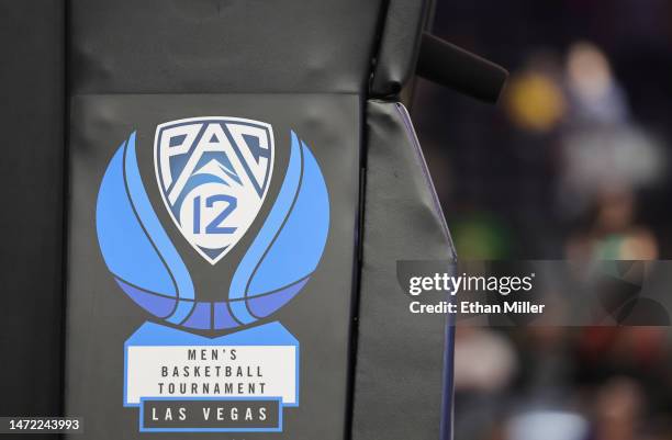 Pac-12 men's basketball tournament logo is shown on a basketball stanchion before a first-round game of the tournament between the Oregon State...