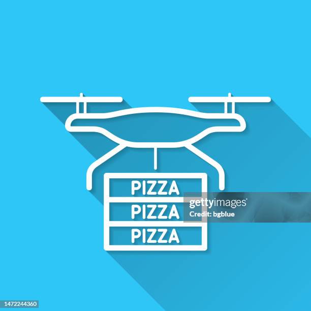 food delivery drone with pizza. icon on blue background - flat design with long shadow - pizza box vector flat stock illustrations
