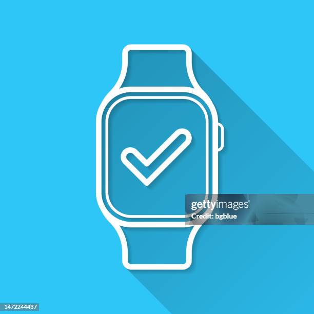 smartwatch with check mark. icon on blue background - flat design with long shadow - checking smart watch stock illustrations