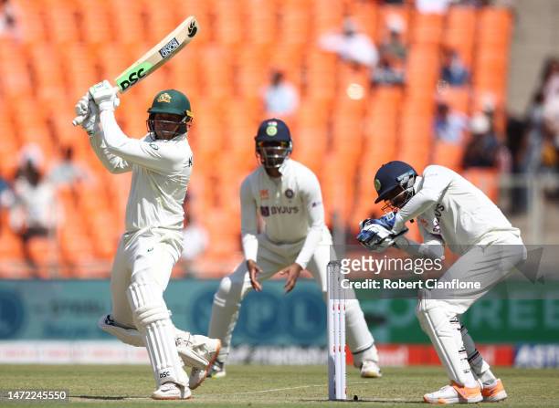 Usman Khawaja of Australia bats during day one of the Fourth Test match in the series between India and Australia at Narendra Modi Stadium on March...