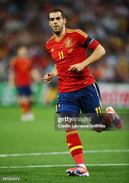 Alvaro Negredo of Spain in action during the UEFA EURO 2012 semi final match between Portugal and Spain at Donbass Arena on June 27, 2012 in Donetsk,...