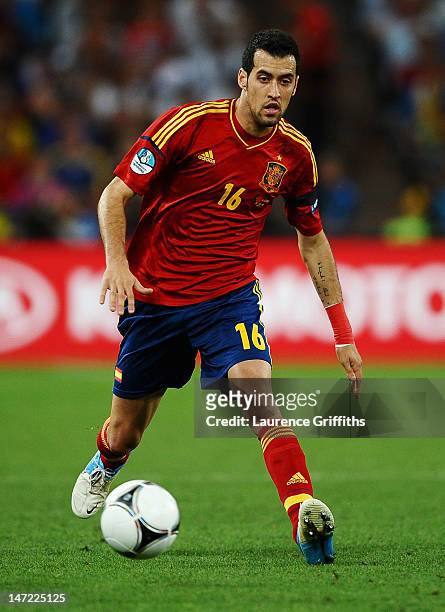 Sergio Busquets of Spain in action during the UEFA EURO 2012 semi final match between Portugal and Spain at Donbass Arena on June 27, 2012 in...