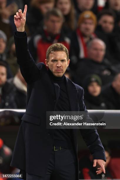 Julian Nagelsmann, head coach of FC Bayern München reacts during the UEFA Champions League round of 16 leg two match between FC Bayern München and...