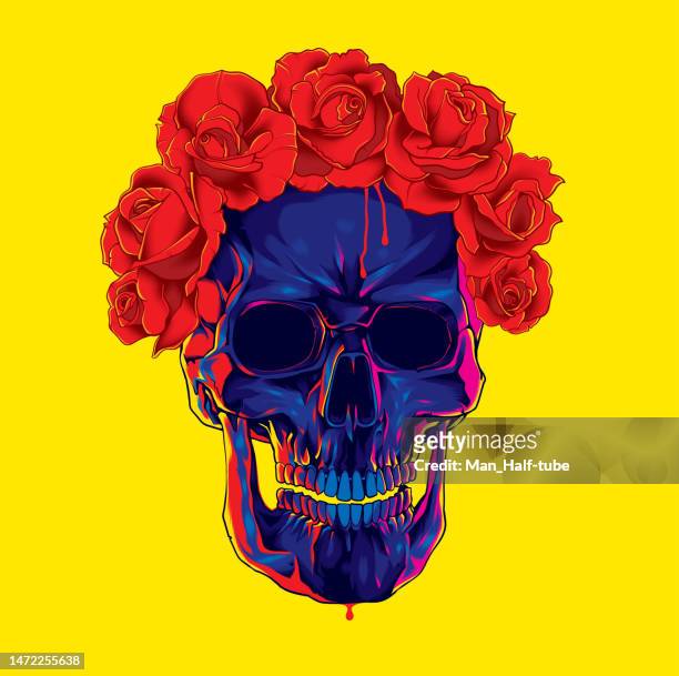 stockillustraties, clipart, cartoons en iconen met skull in roses - mexican flower pattern
